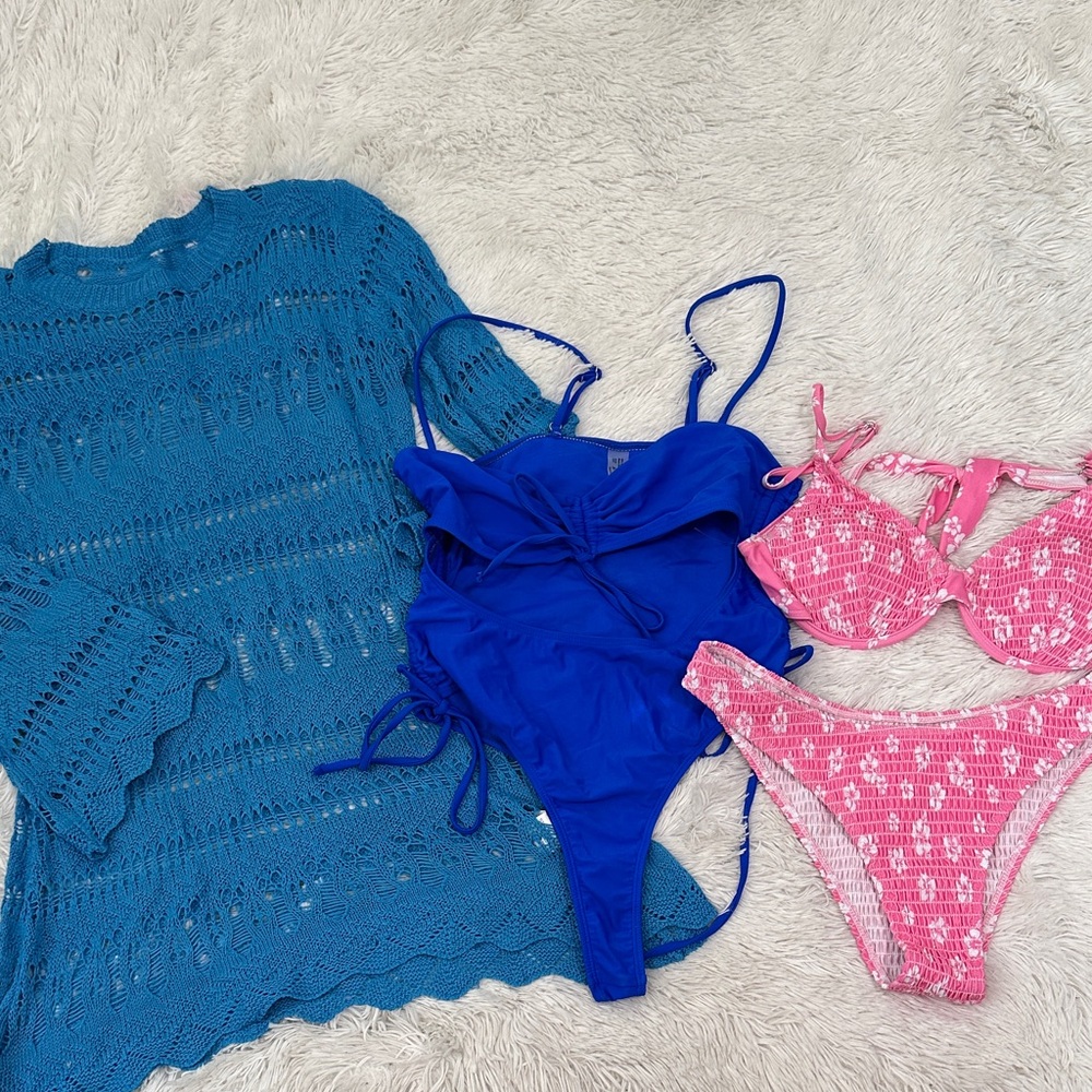 Blue One-Piece & Pink Bikini Set with Crochet Coverup